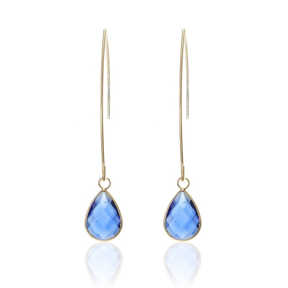 Rose gold dangle earrings sapphire blue crystal - Picture 1 of 5